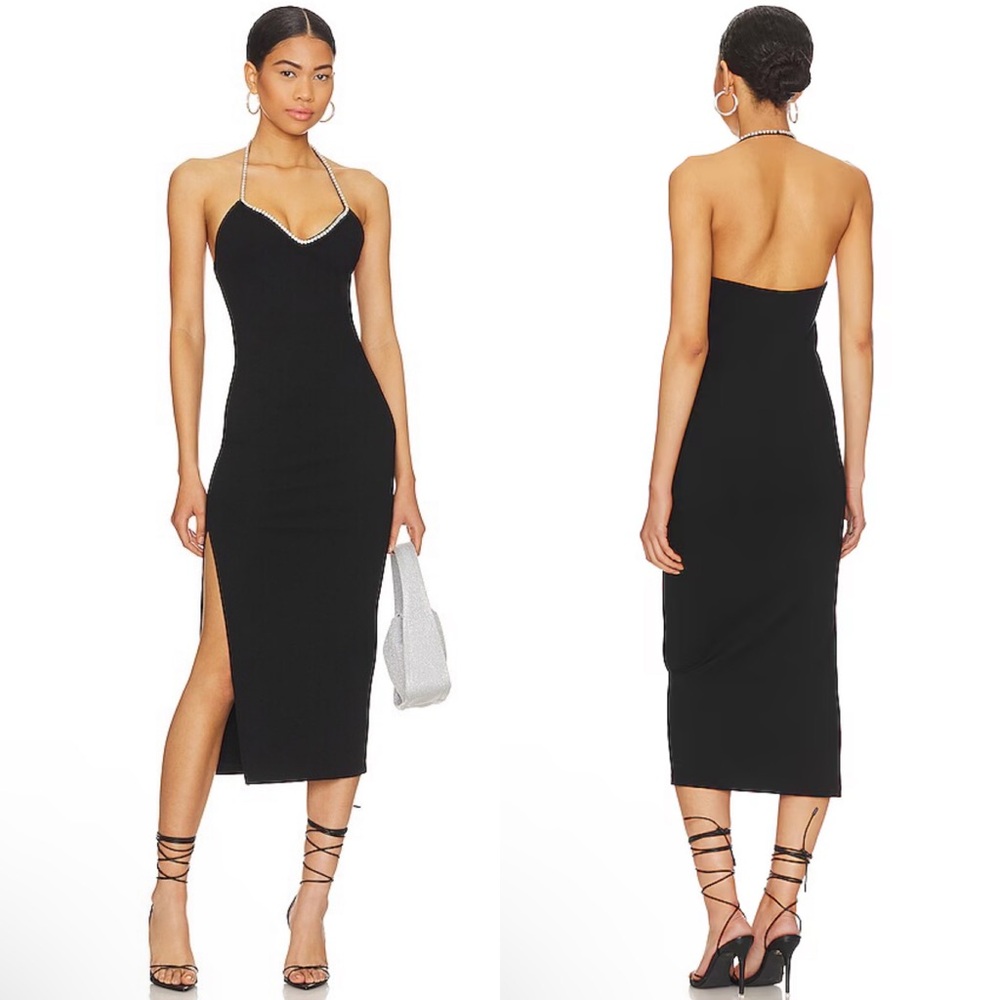 NEW NWT Fiorucci Crystal Neckline Halterneck Bodycon Midi Dress In Black